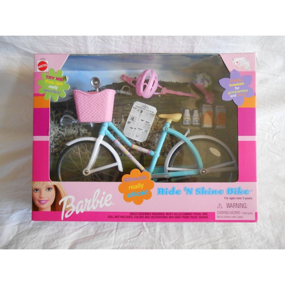 NEW Mattel Barbie Pink Ride‎ 'N Shine Bike w/ light, groceries, basket, helmet!